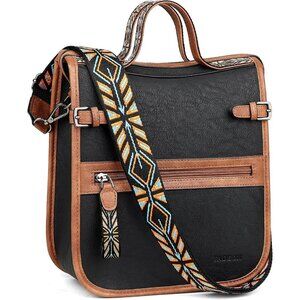 Women’s Retro Black With Brown Leather Purse Crossbody Bag Handbag Wide